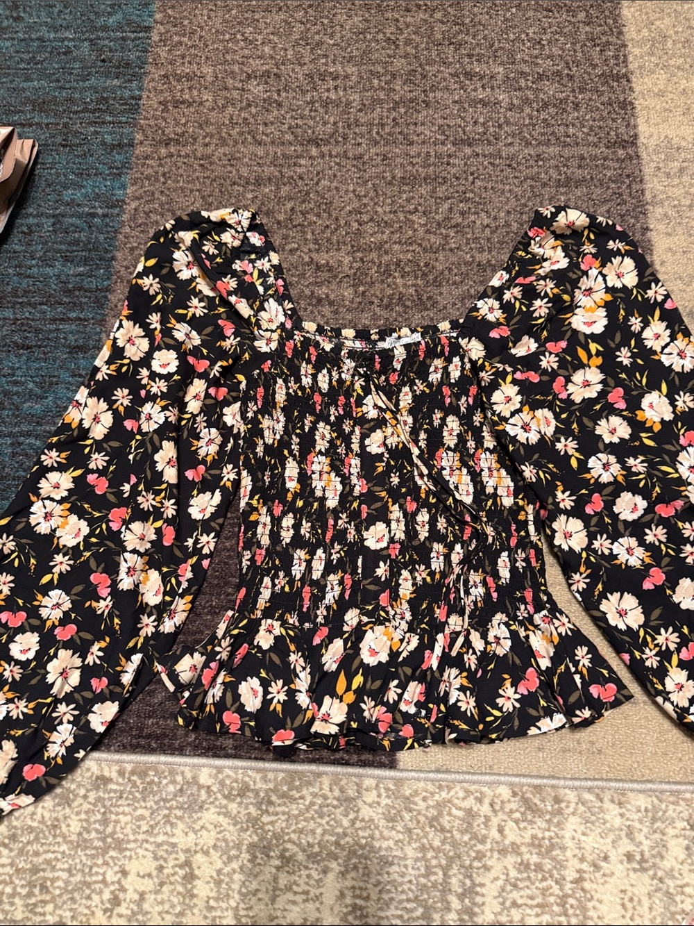 Patrons of Peace Floral Square-Neck Women's Top - Black with Cream & Pink Flower